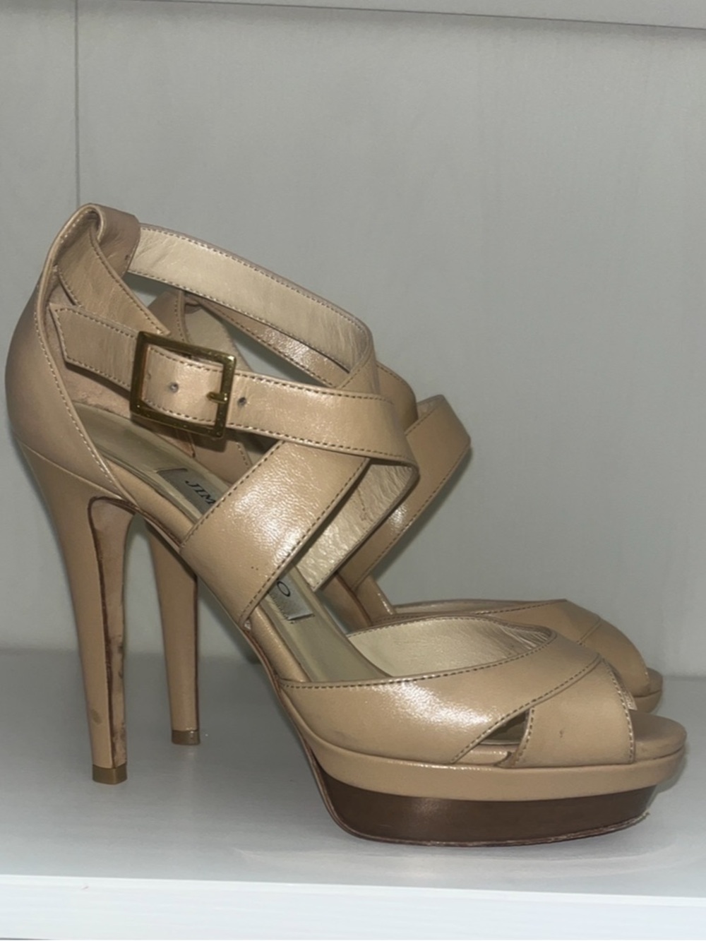Jimmy Choo Kuki Nude Leather Strappy Platform Stiletto Sandals